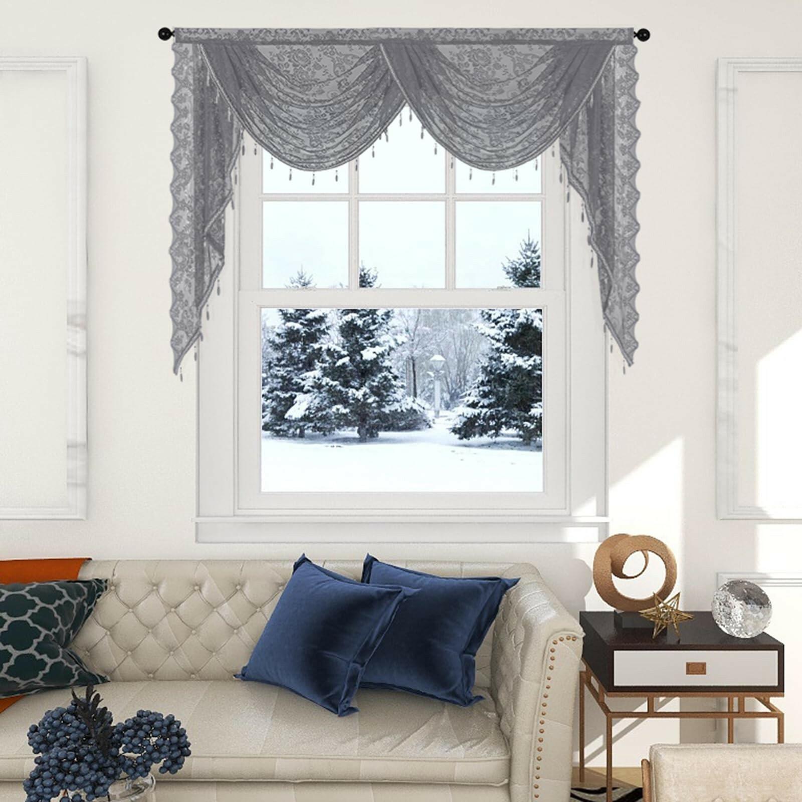 Huierxun Grey,59"x41" Elegant Lace Waterfall Window Valance with Bead Tassels