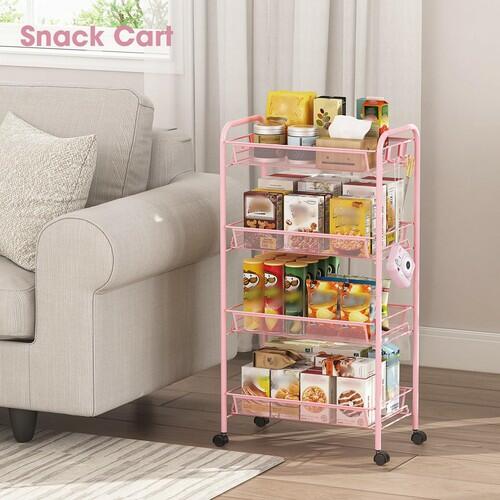 TOOLF 4 Tier Rolling Utility Cart Pink Metal Storage Trolley w/ Hooks