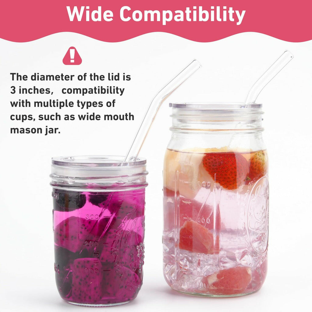 2 PACK Reusable Wide Mouth Mason Jar Lids with Glass Straw Hole -Fit 2.9-inch