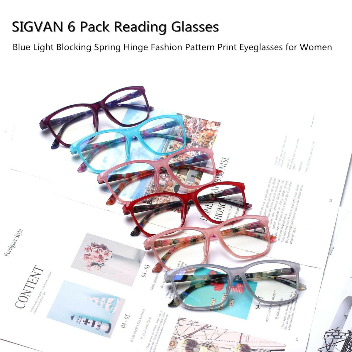 SIGVAN Ladies Reading Glasses Blue Light Blocking Spring Hinge Fashion Pattern