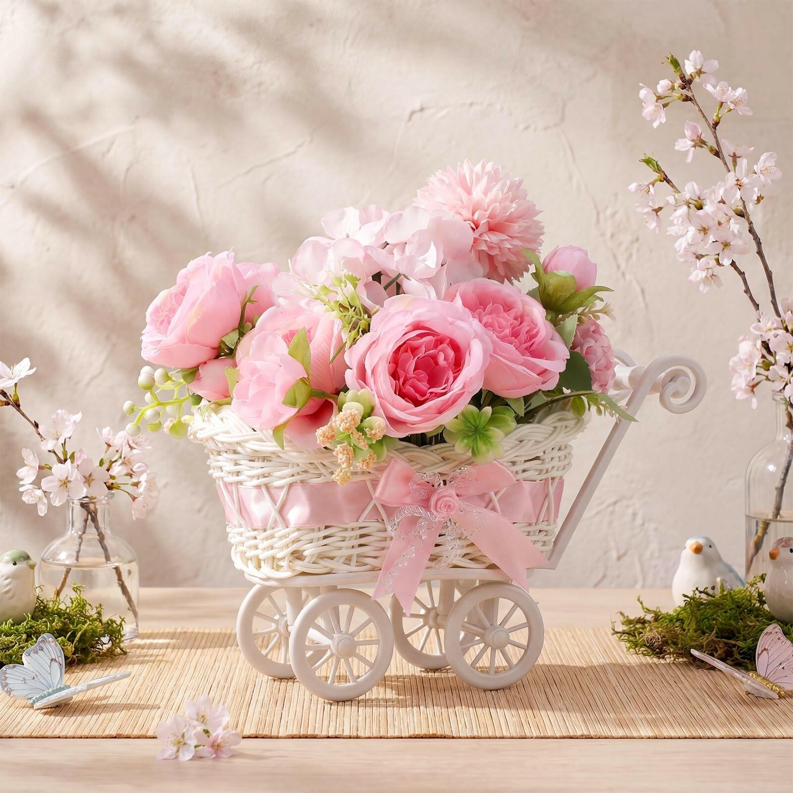 Fiwochic 3 Pack Rattan Baby Carriage Floral Arrangement with Bouquet Baby Shower