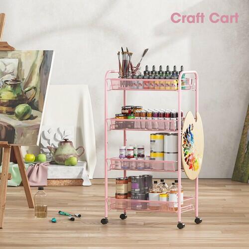 TOOLF 4 Tier Rolling Utility Cart Pink Metal Storage Trolley w/ Hooks