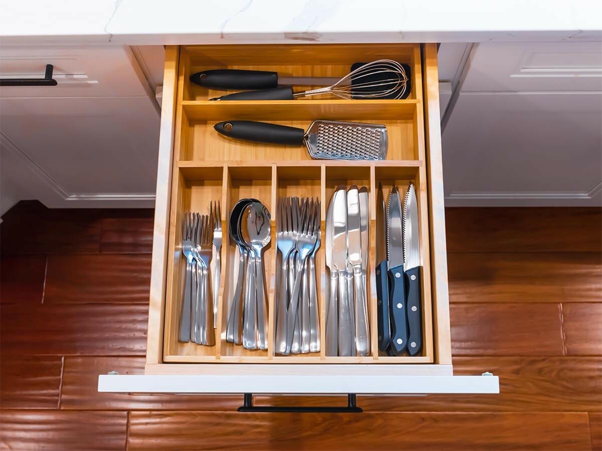 Umilife Bamboo Kitchen Drawer Organizer, 13 Inch Silverware Utensil Tray Holder,