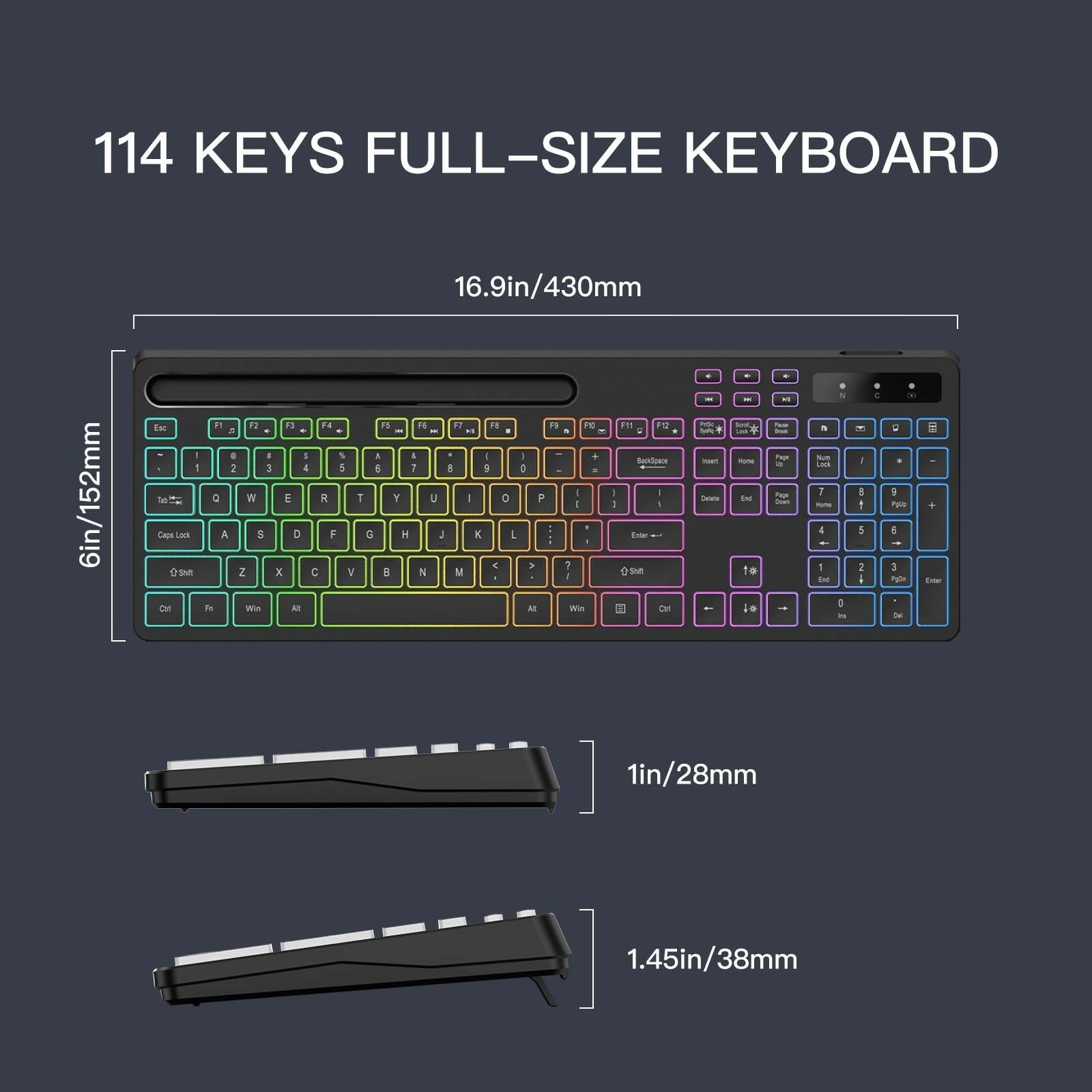 Soueto Wireless Keyboard with 7-Color RGB Backlit, Full-Size Computer Keyboard