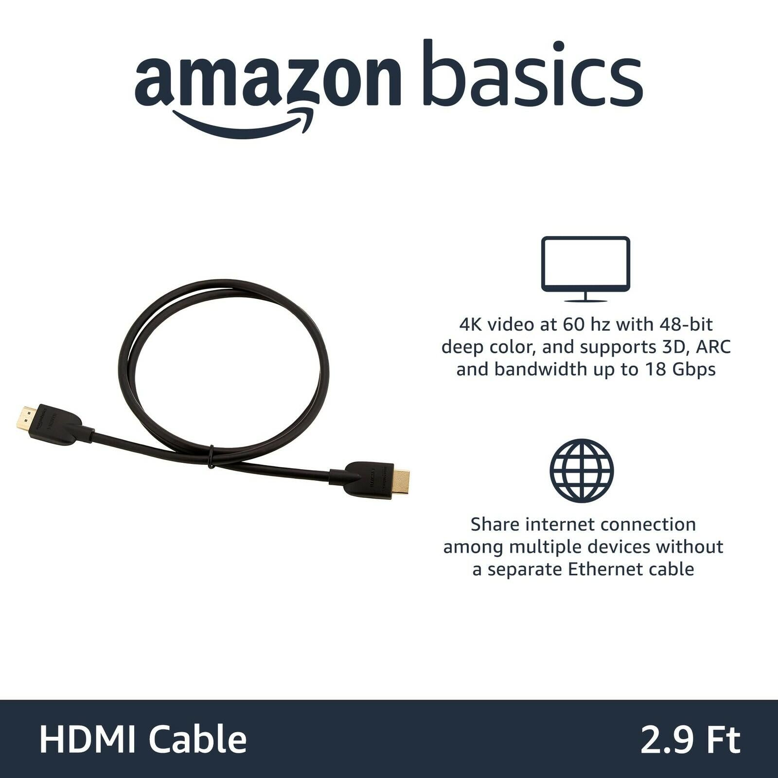 Amazon Basics HDMI Cable, 3ft, 4K@60Hz, High-Speed 4K HDMI 2.0 Cord (18Gbps),