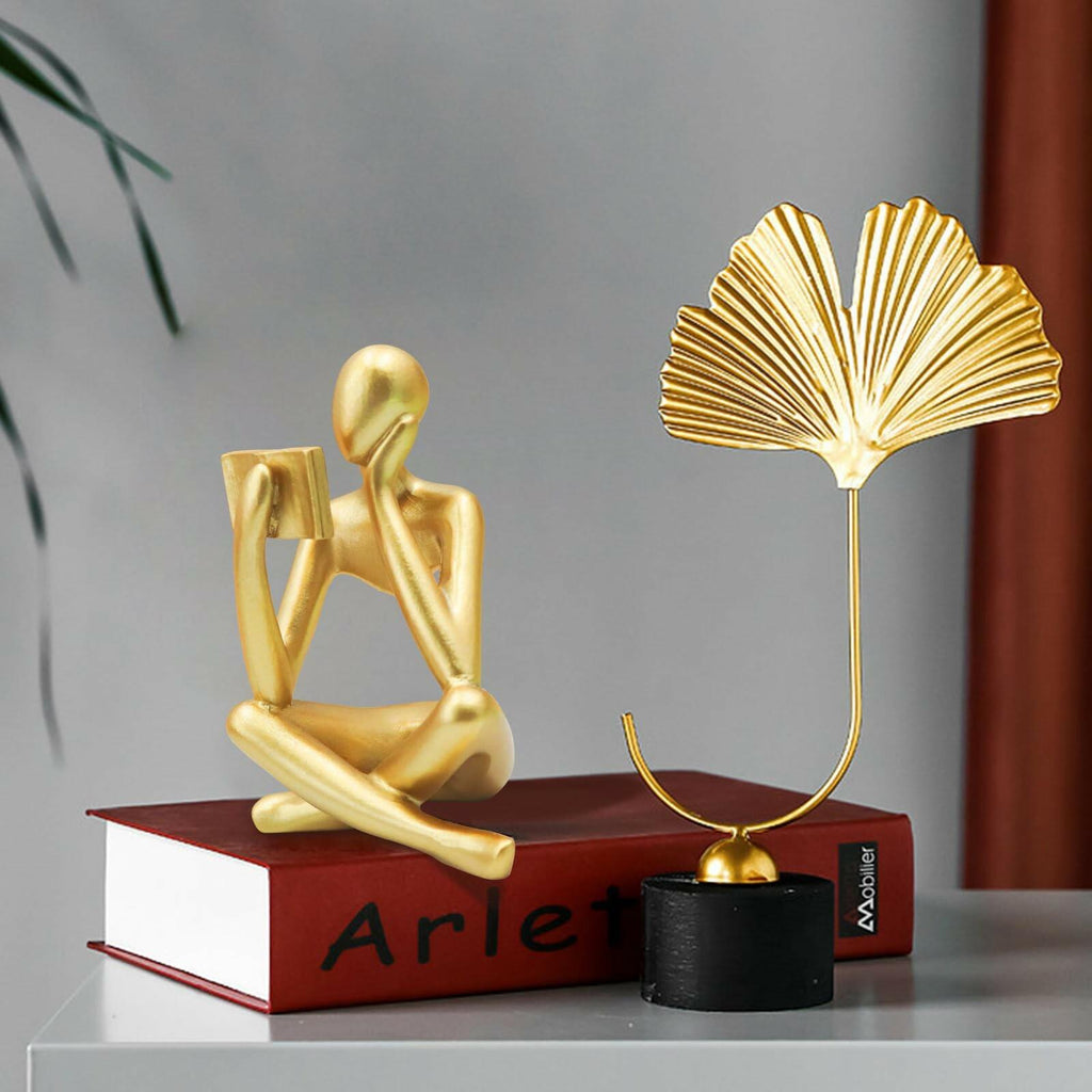 Jinkoozz Gold Reading Women Statue, Thinker Sculptures, Abstract Art Ornament,