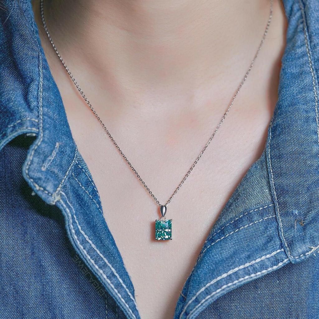 GIGAJEWE Blue Green Color Moissanite Necklace 18K White Gold Plated 925 Silver