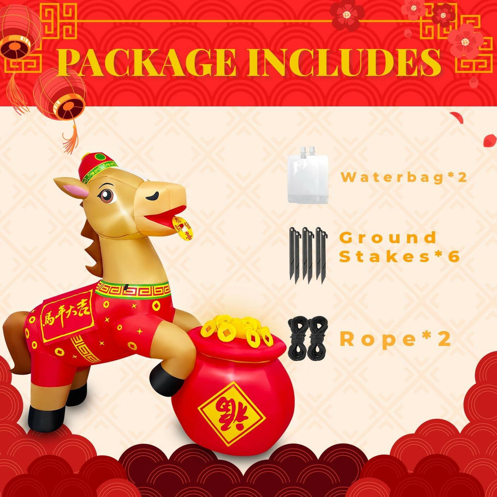 6FT Inflatable Chinese Horse with Red Outfit and Gold Coins, 2026 Year of The