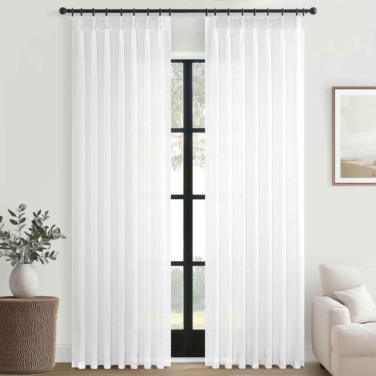 Topfinel Beige White White Linen Curtains 96 Inches Long for Living Room,Pinch