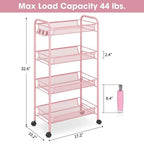 TOOLF 4 Tier Rolling Utility Cart Pink Metal Storage Trolley w/ Hooks