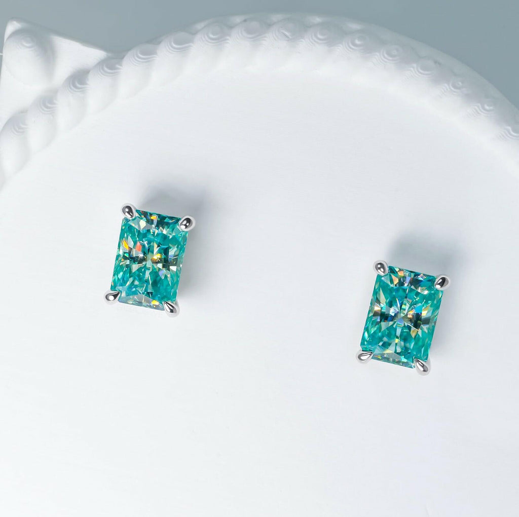 GIGAJEWE Blue Green Color Moissanite Stud Earrings Radiant Cut Moissanite