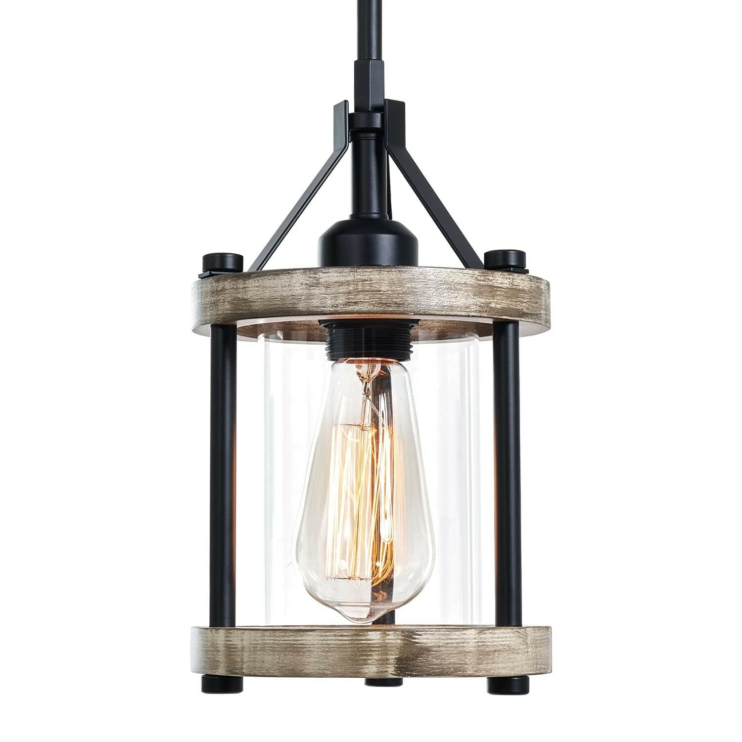 Ejerlya Farmhouse Pendant Light, Rustic White Wood and Metal Cage Hanging Light