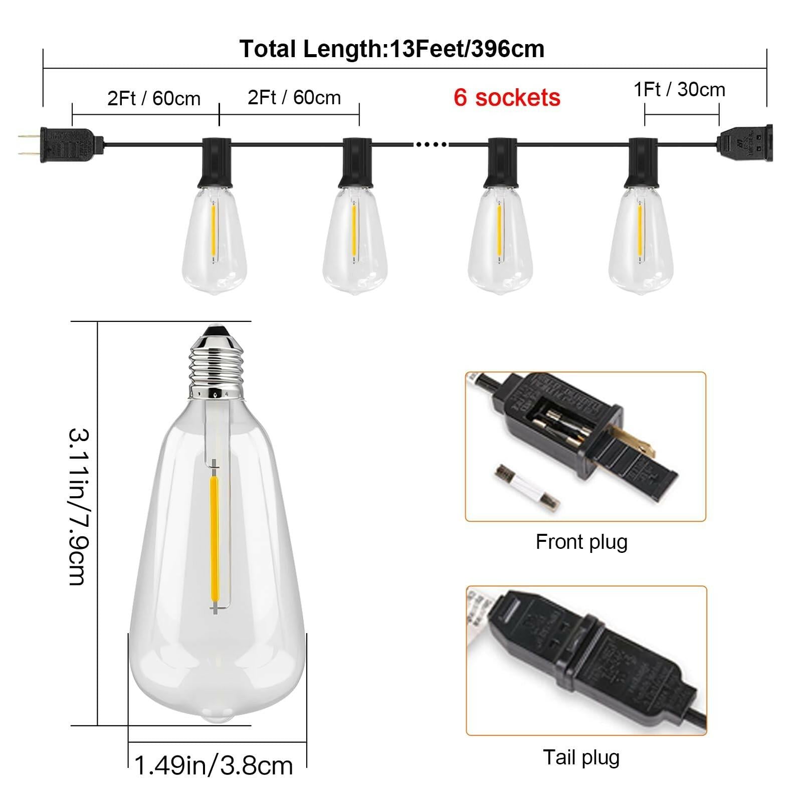TAICORE Outdoor String Lights with ST38 Clear Globe Bulbs, Black Cord,