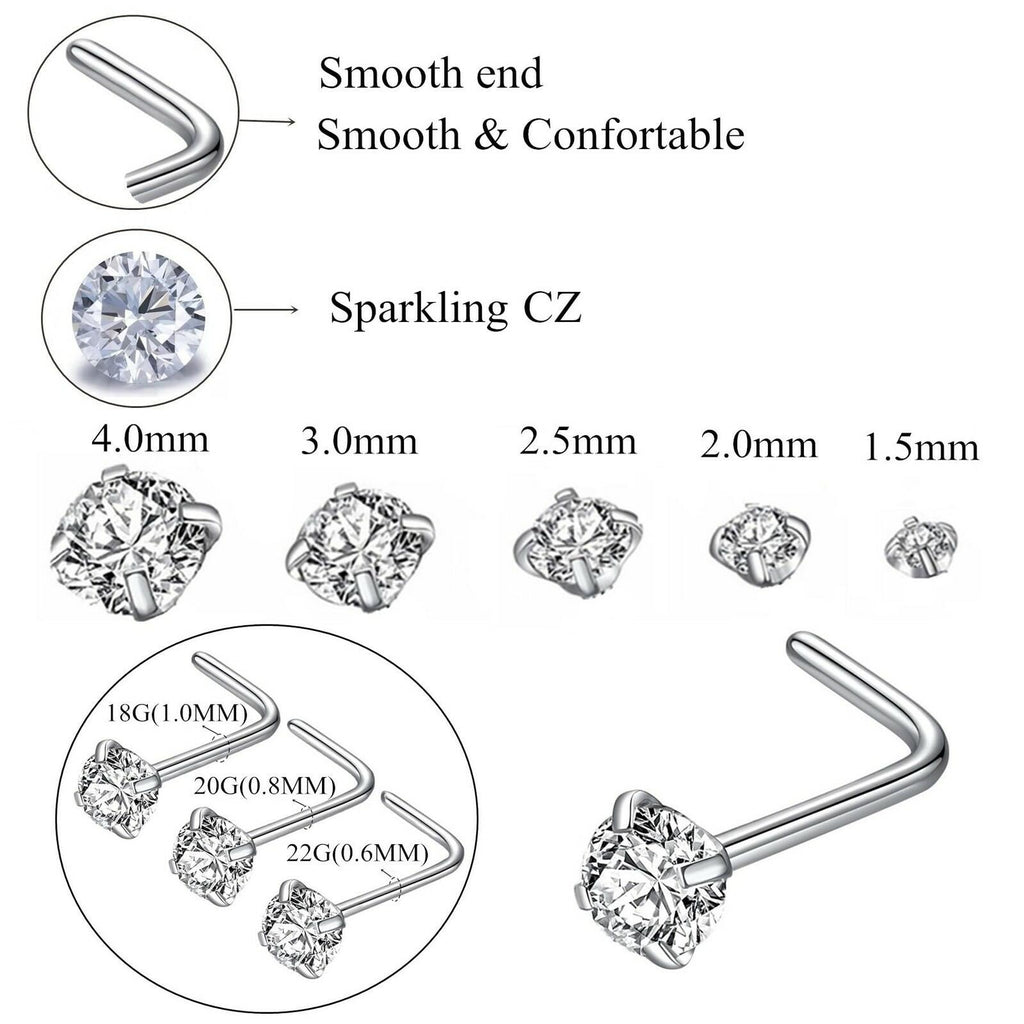 BLESSMYLOVE 316L Surgical Steel 22g/20g/18g Nose Rings Studs L-Shape Nose