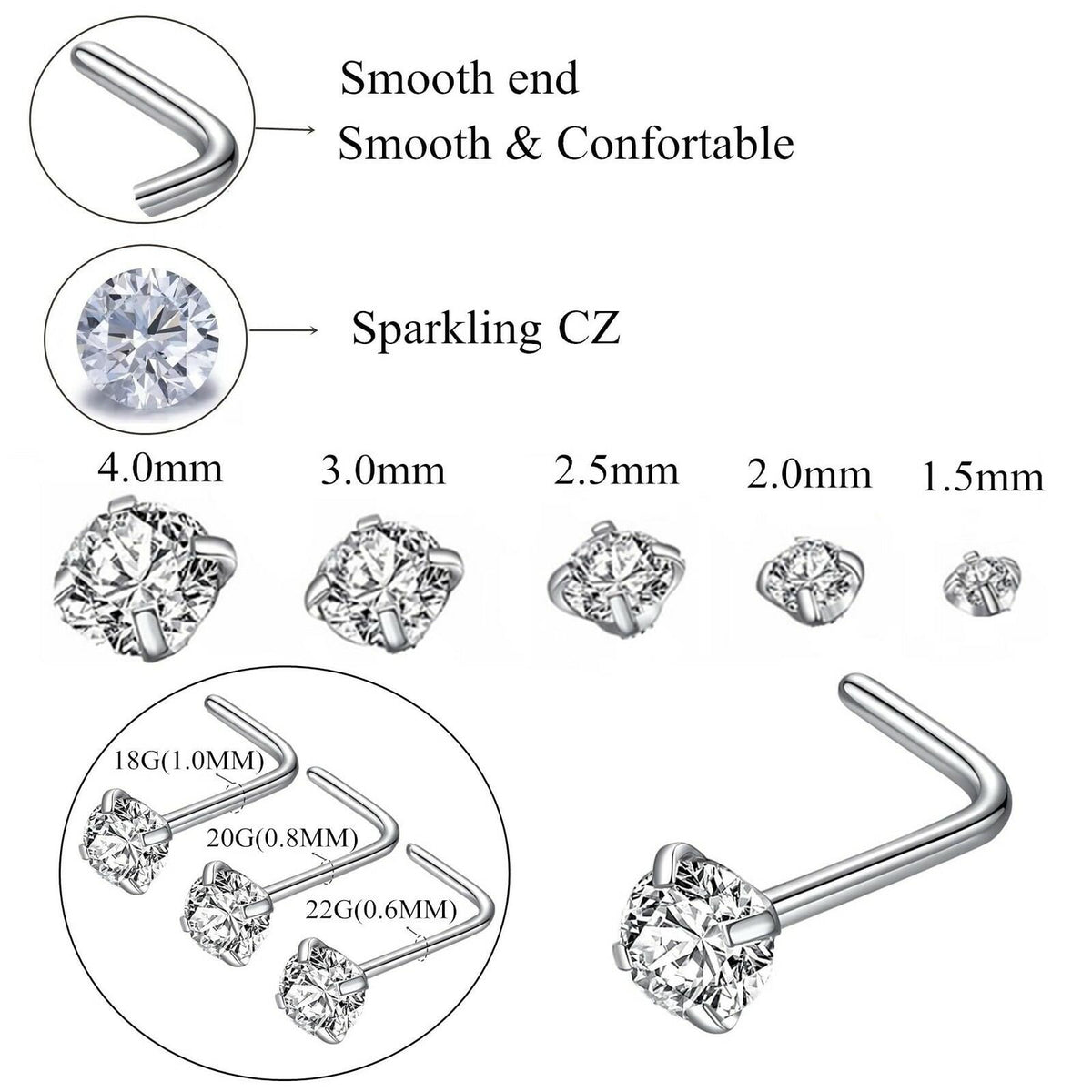 BLESSMYLOVE 316L Surgical Steel 22g/20g/18g Nose Rings Studs L-Shape Nose