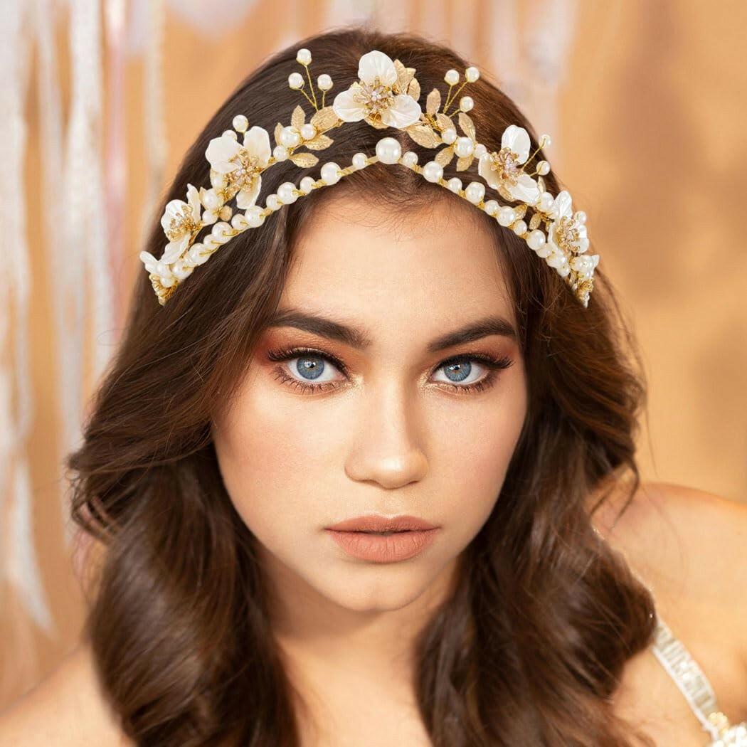 Gortin Flower Crown Bride Wedding Headband Gold Leaf Bridal Princess Headpiece