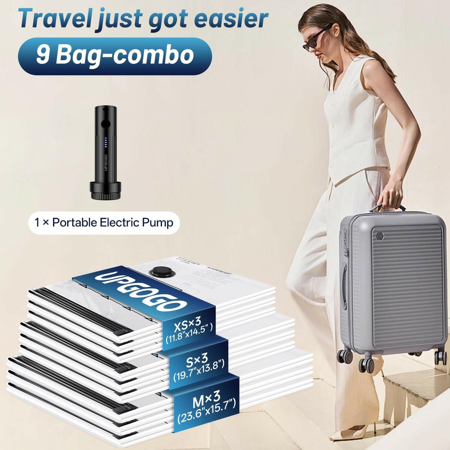 Combo 9 Pack UPGOGO Travel Vacuum Bags for Luggage with Portable Electric