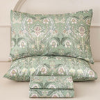 Huborise 17.5", 4Pcs Boho Sheets Silky Green Floral Bed Sheet Set Queen Size