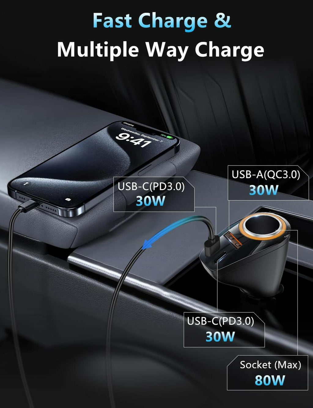 4 in 1 USB C Car Charger, 170W Multi USB Cigarette Lighter Adapter, Socket
