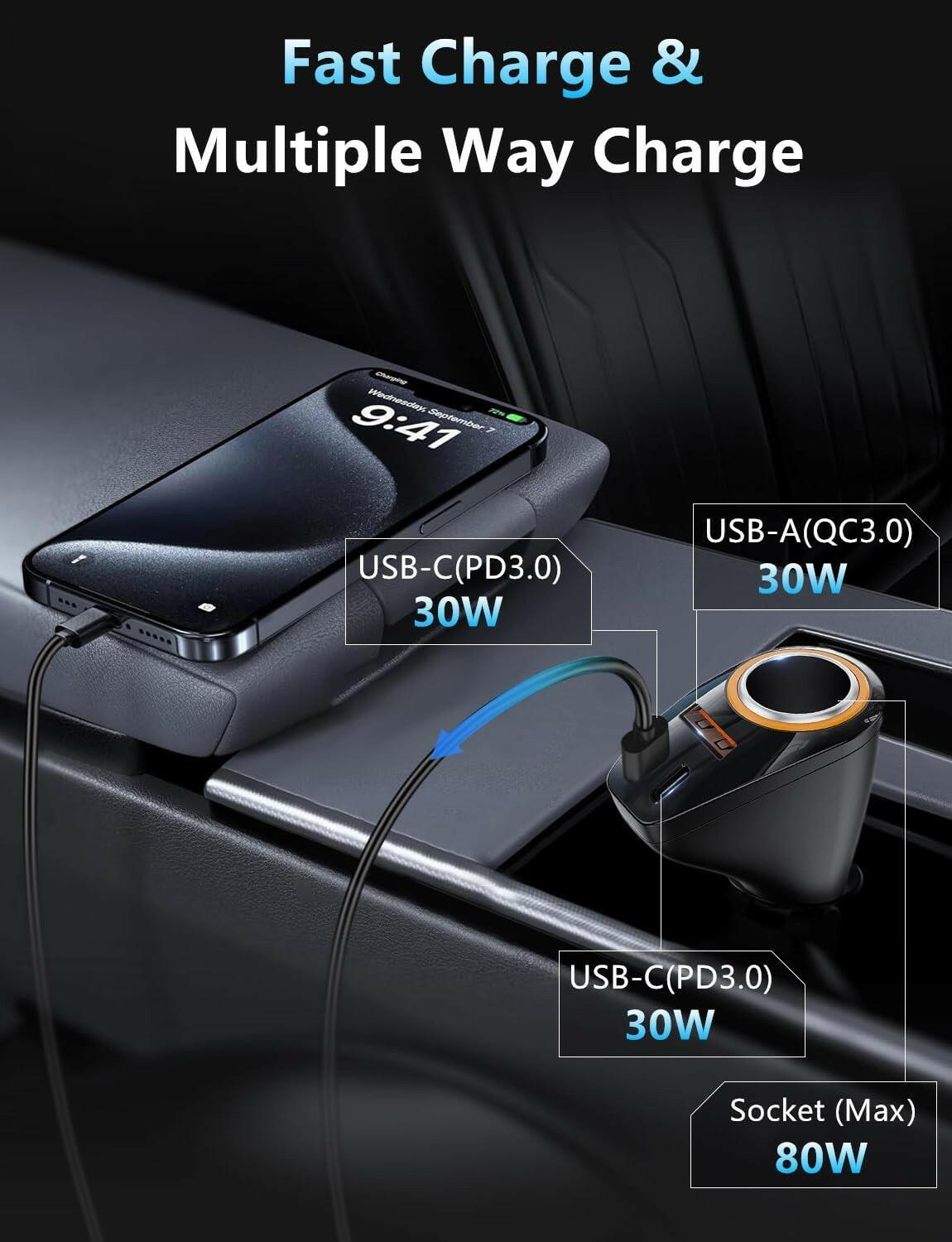 4 in 1 USB C Car Charger, 170W Multi USB Cigarette Lighter Adapter, Socket