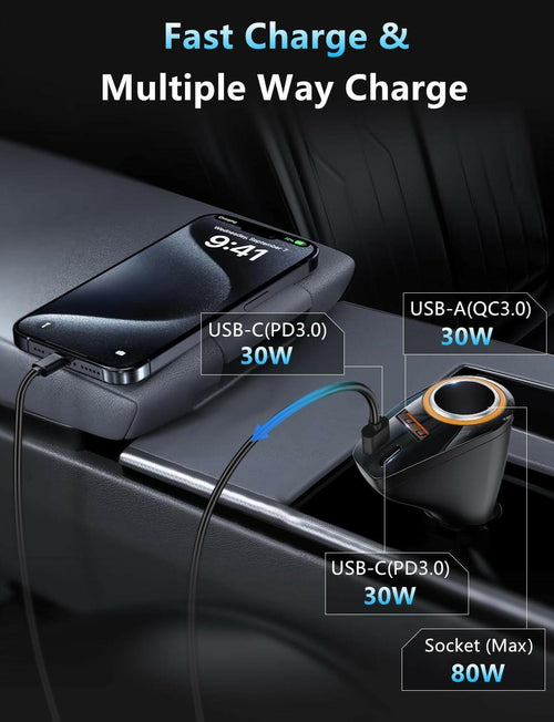 4 in 1 USB C Car Charger, 170W Multi USB Cigarette Lighter Adapter, Socket