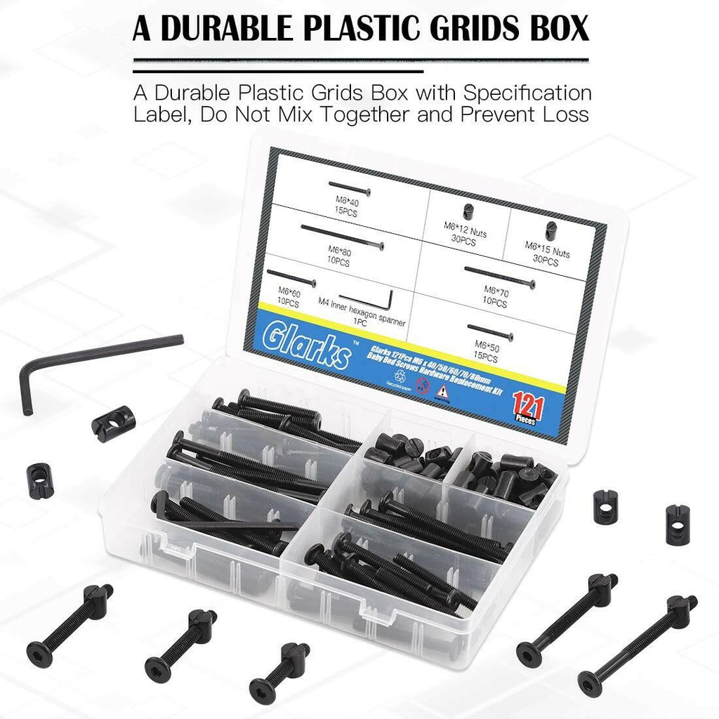 Glarks 120Pcs M6x40/50/60/70/80mm Black Hex Socket Cap Bolt Screws and Barrel