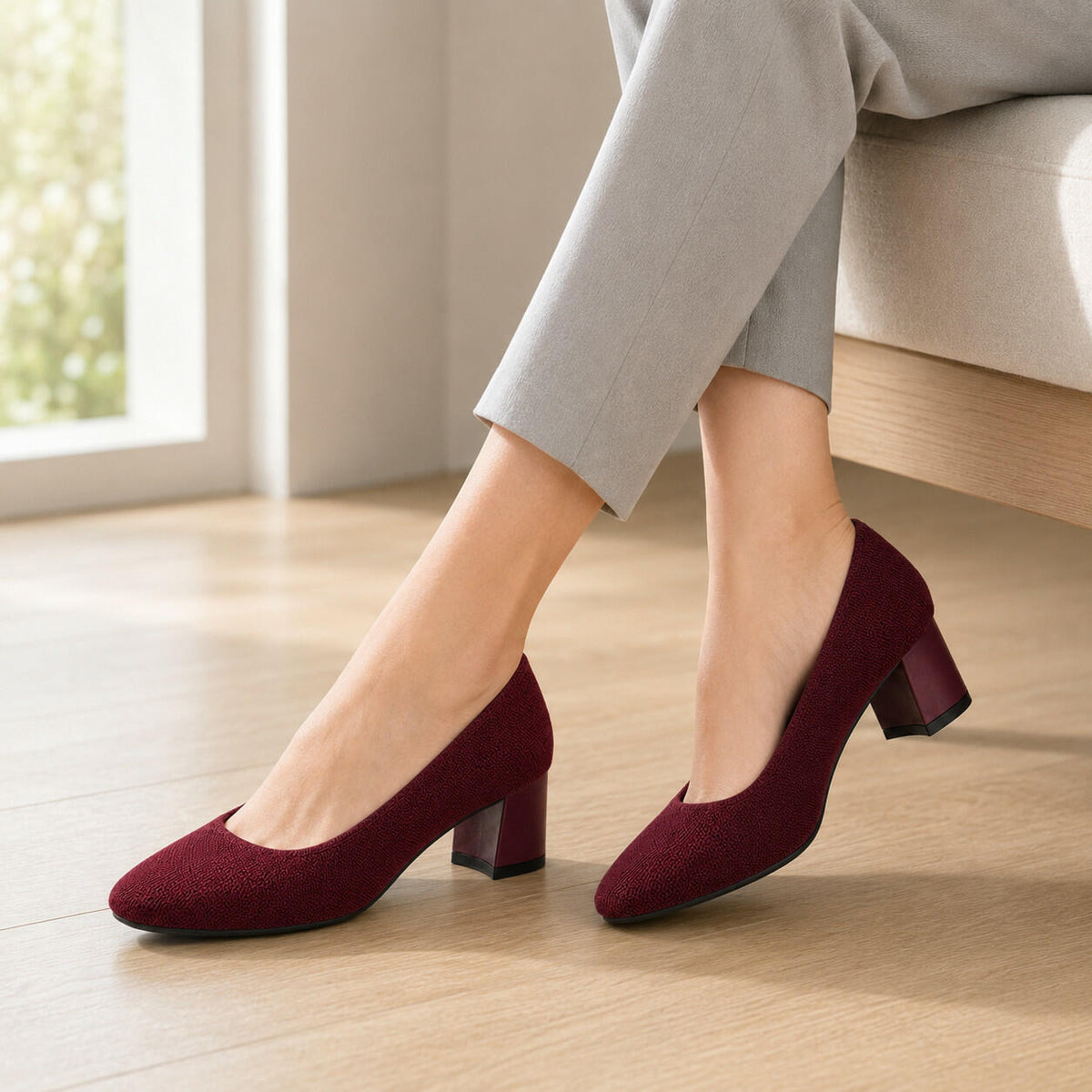 Burudani Women Burgundy Block Heel Pumps Knit Comfort Round Toe Size 11