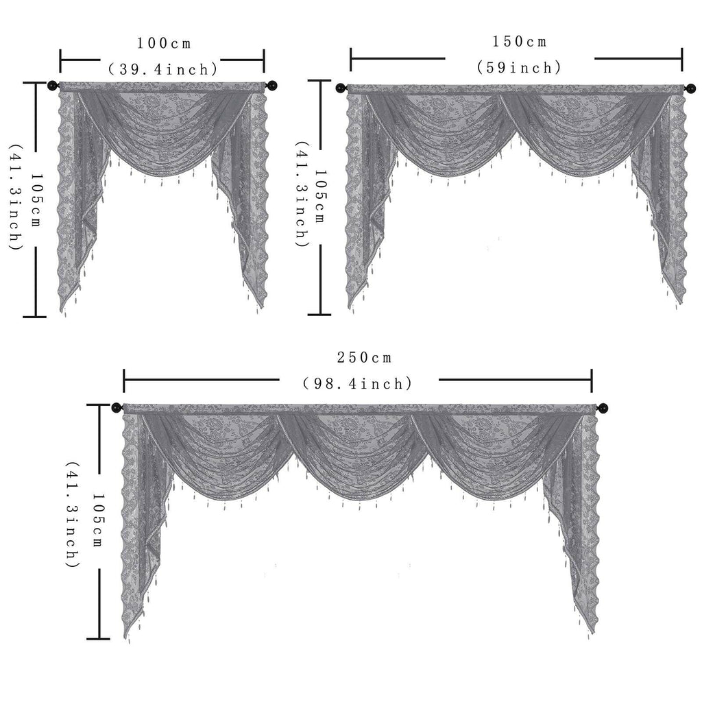 Huierxun Grey,59"x41" Elegant Lace Waterfall Window Valance with Bead Tassels