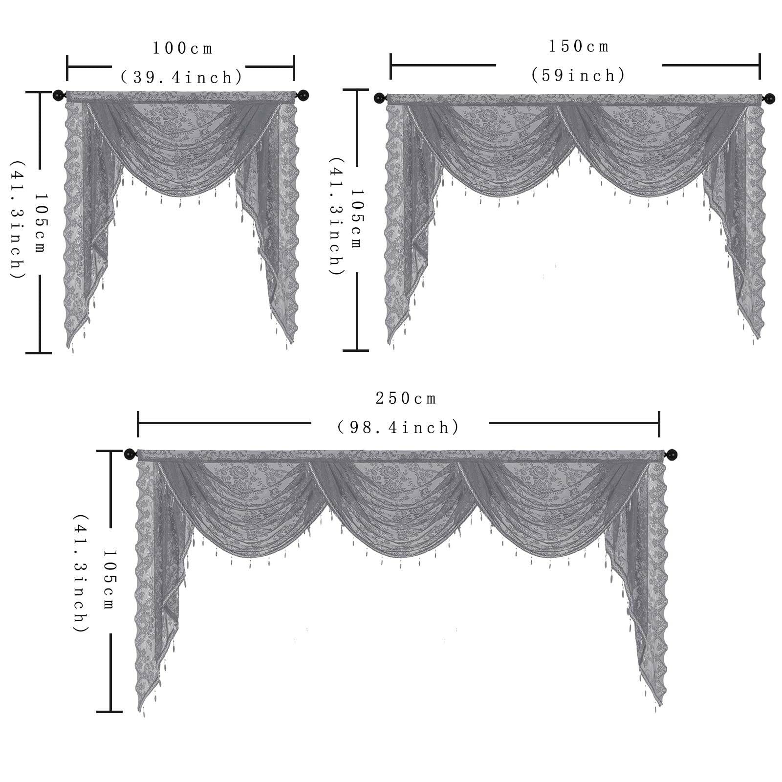 Huierxun Grey,59"x41" Elegant Lace Waterfall Window Valance with Bead Tassels