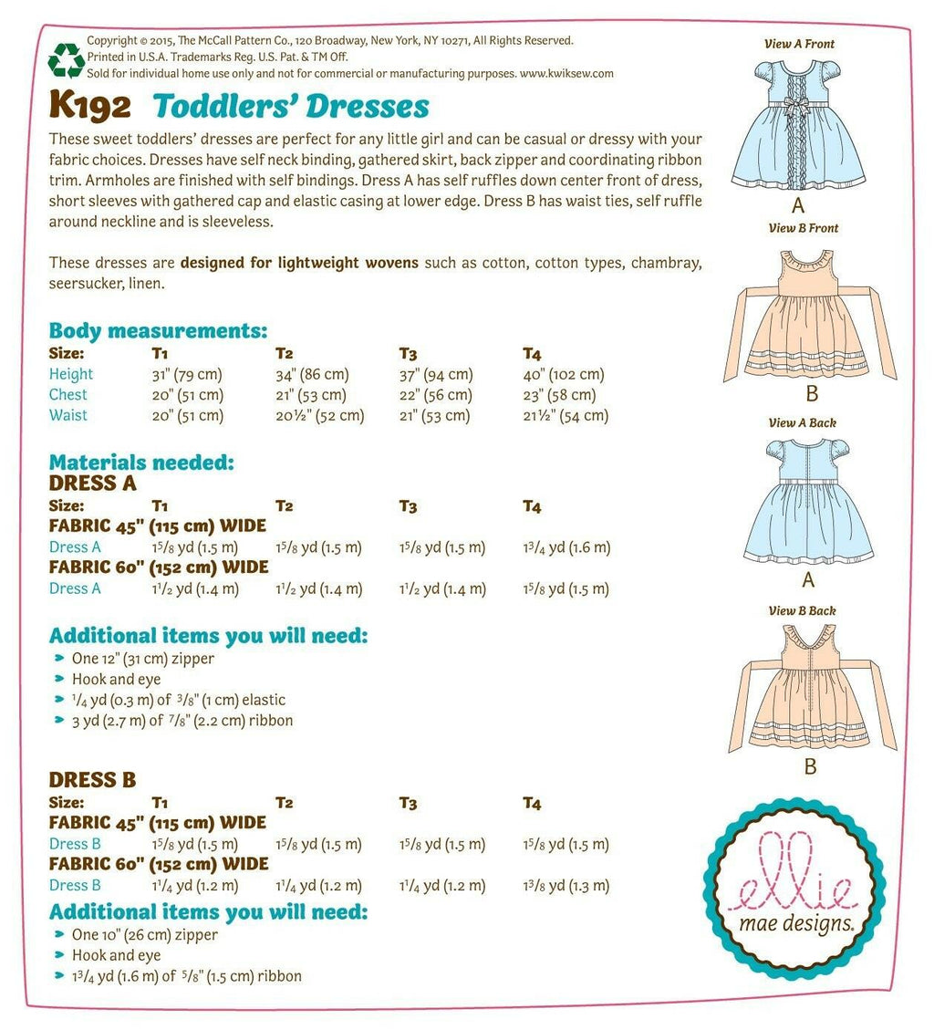 KWIK-SEW PATTERNS K0192 Toddlers' Dresses, in One Envelope (T1 - T4)