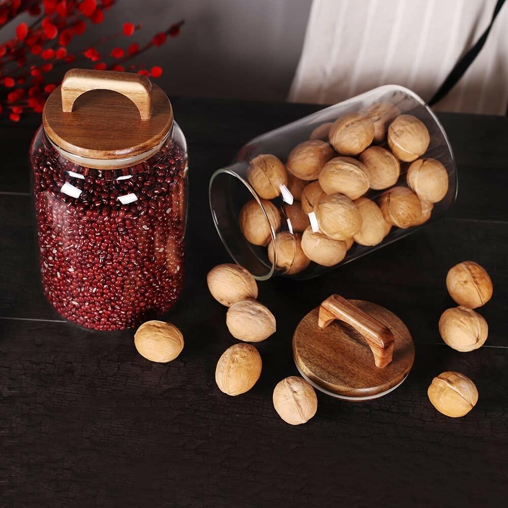 SAIOOL Canister Set of 2, Glass Kitchen Canisters with Airtight Acacia Lid, Tall
