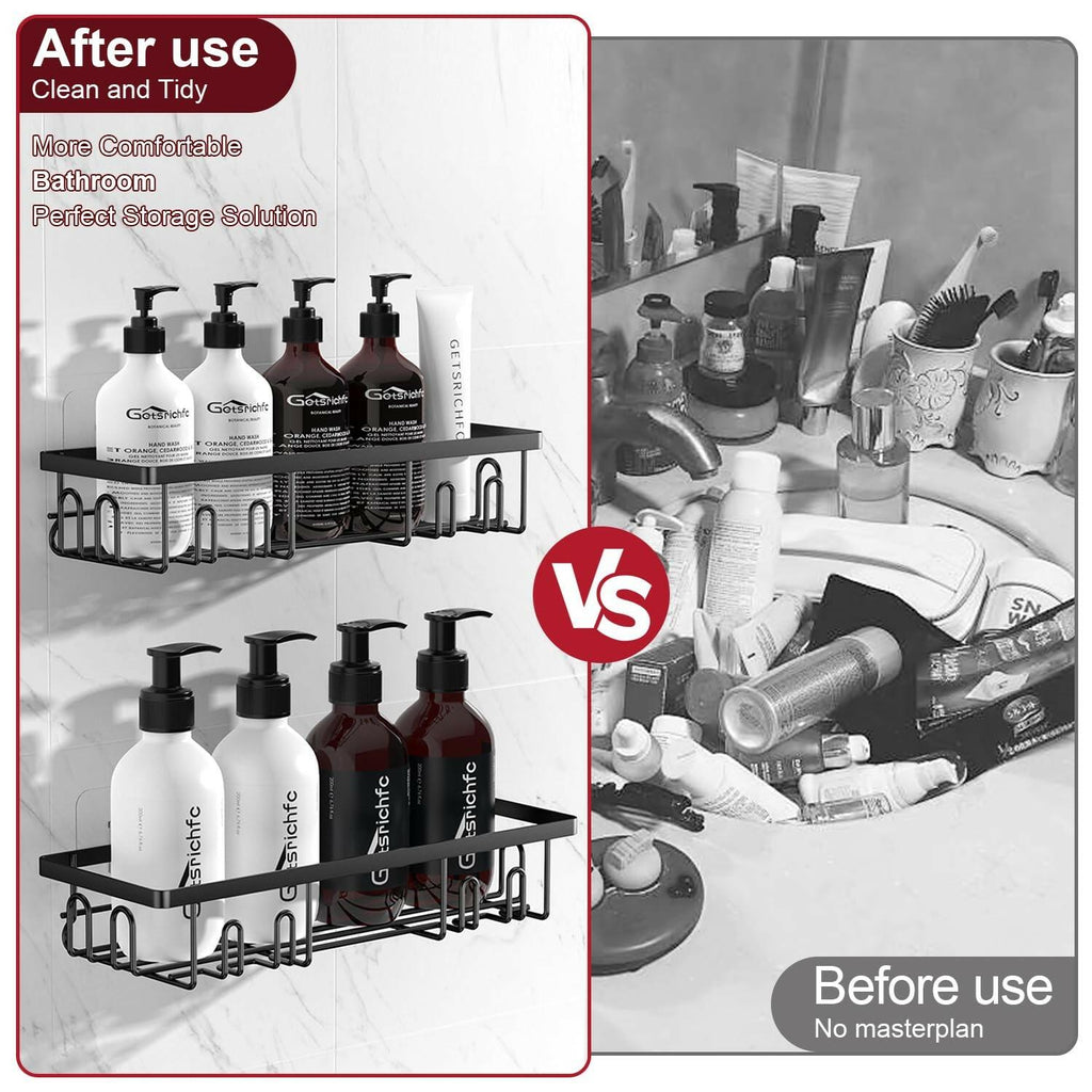 2 PACK Getsrichfc Adhesive Shower Caddy, Shower Shelves with 16 Hooks, Rustproof