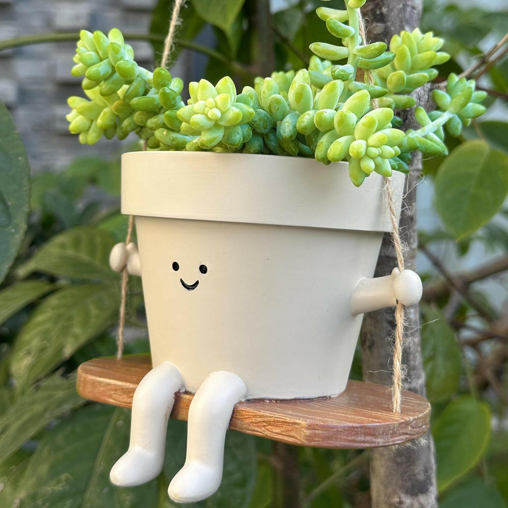 Hanging Planter Swing Face Plant Pot - Cute Resin Head Planters with Drainage