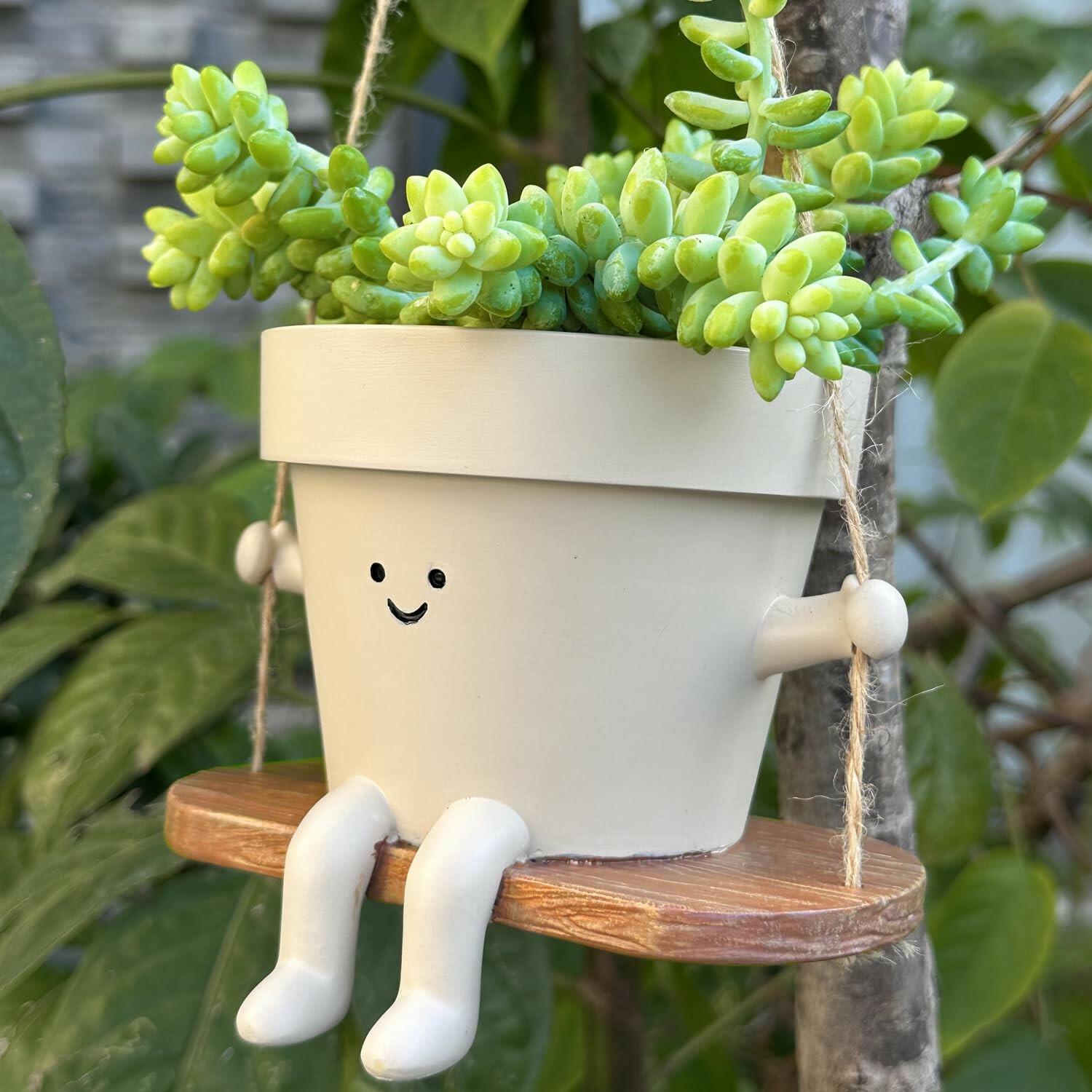 Hanging Planter Swing Face Plant Pot - Cute Resin Head Planters with Drainage