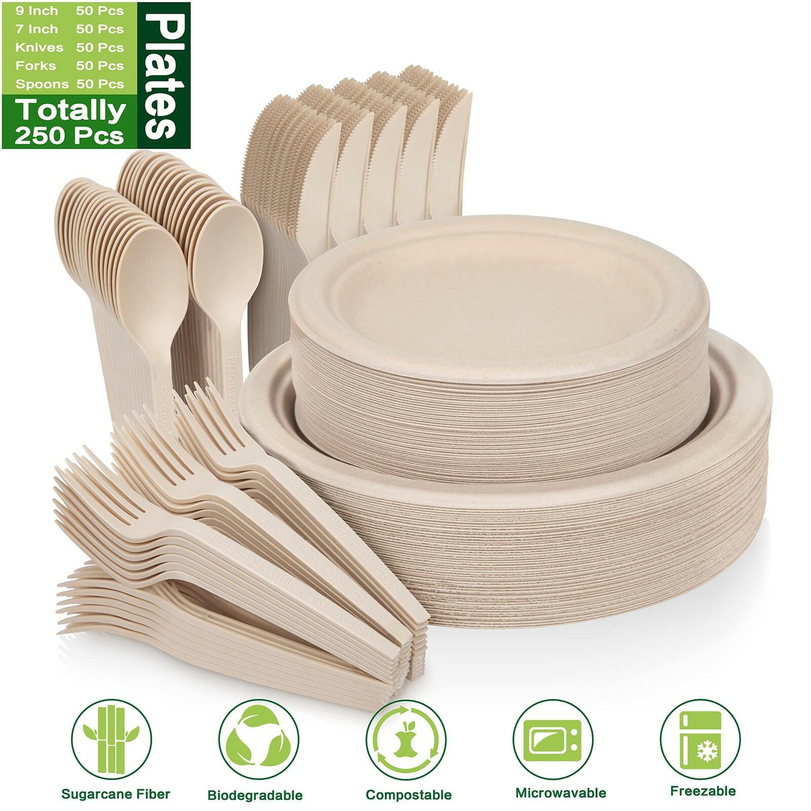 Besteek 250 Piece Compostable Paper Plates Set with Extra Long Utensils