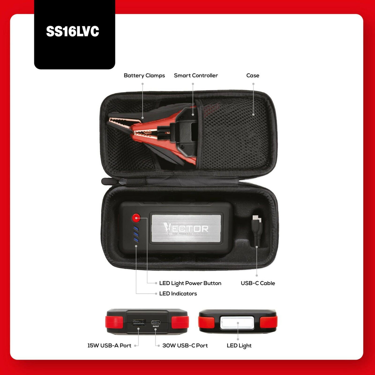 VECTOR SS16LVC 1600 Peak Amp Lithium Jump Starter with USB Power Bank