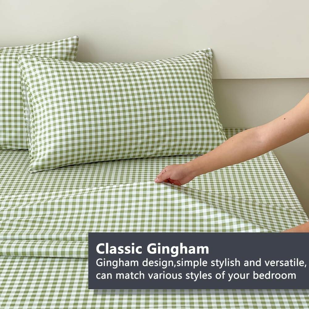 NSNLGSGC Sage Green Gingham Full Sheet Set, Soft Brushed Microfiber Plaid Full