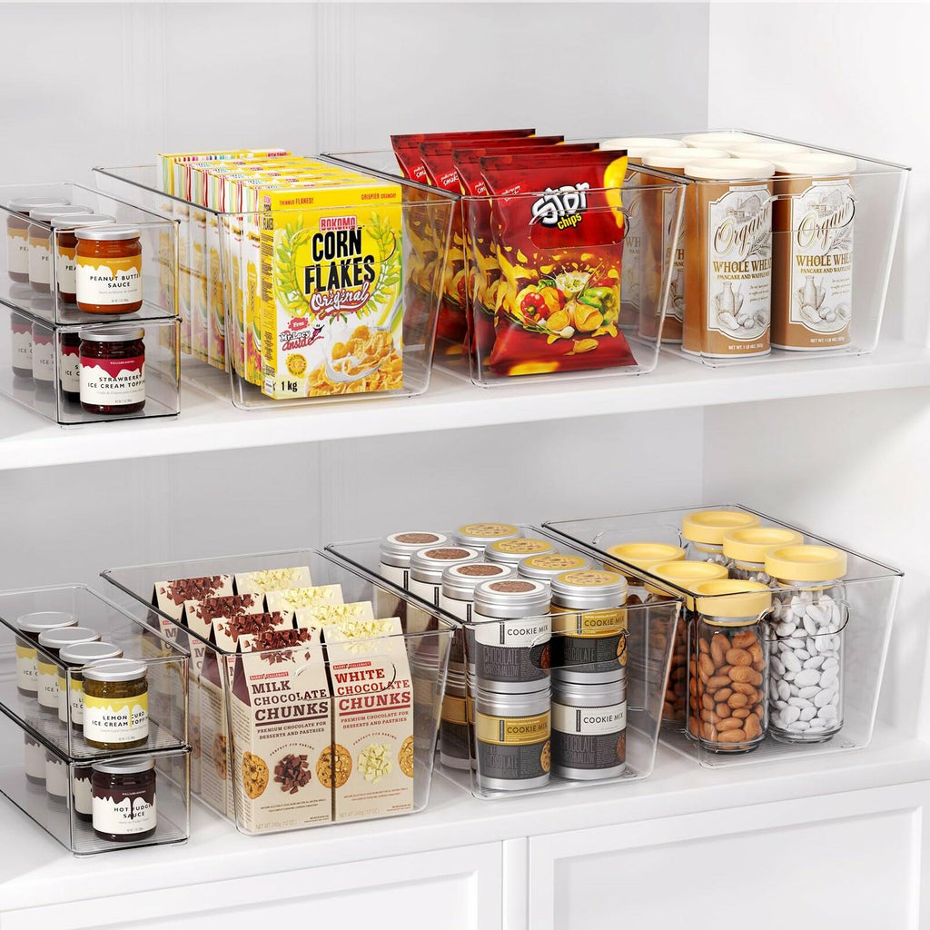 Joymeezo Set of 8 Clear Plastic Storage Bins, 6 Large +2 Small Pantry Organizers