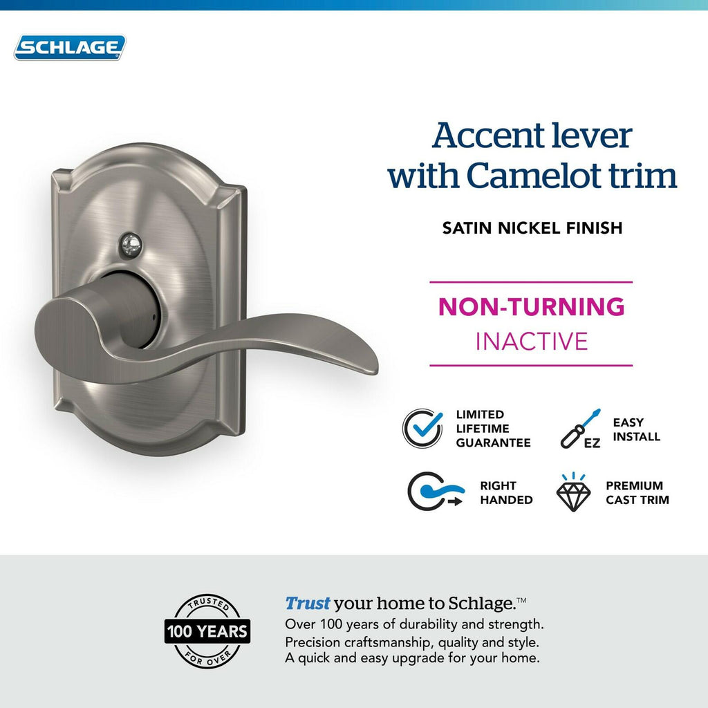 SCHLAGE Accent Non-Turning Dummy Door Handle, Right Handed, Satin Nickel