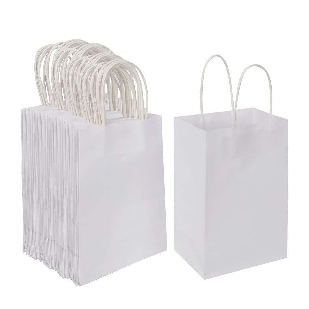 Oikss 100 Pack 5.25x3.25x8.25 Inch Small White Kraft Paper Bags with Handles