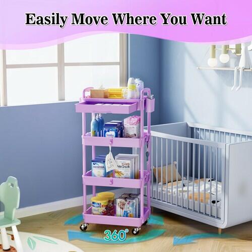 SUNALLY 4 Tier Rolling Cart Organizer w/ Drawer Storage Cart Purple Wheels