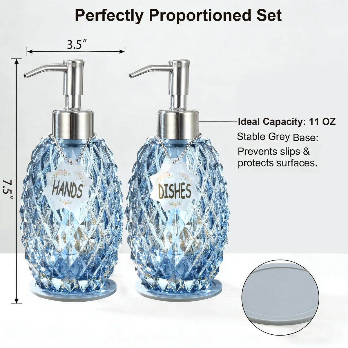 MALACHI Soap Dispenser Set, Crystal-Textured Diamond Glass with Rustproof