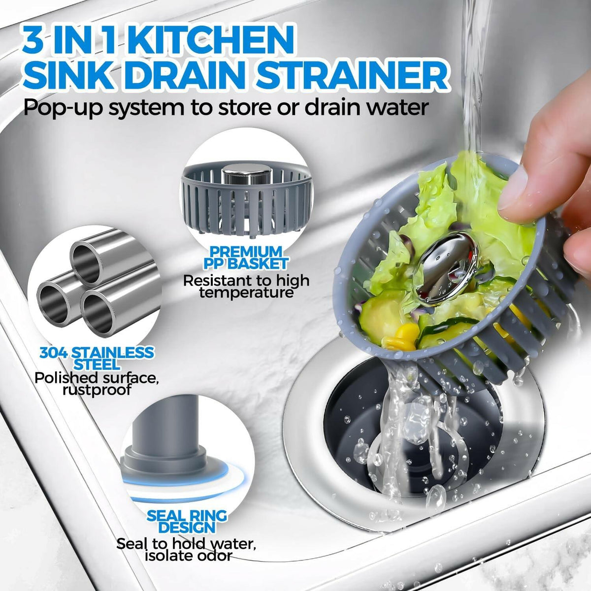 Sink Drain Strainer - Sink Stopper Kitchen Drain, 3 in 1 Kitchen Sink Drain