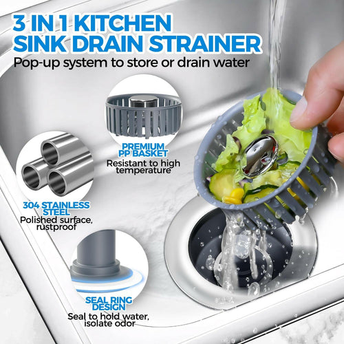 Sink Drain Strainer - Sink Stopper Kitchen Drain, 3 in 1 Kitchen Sink Drain