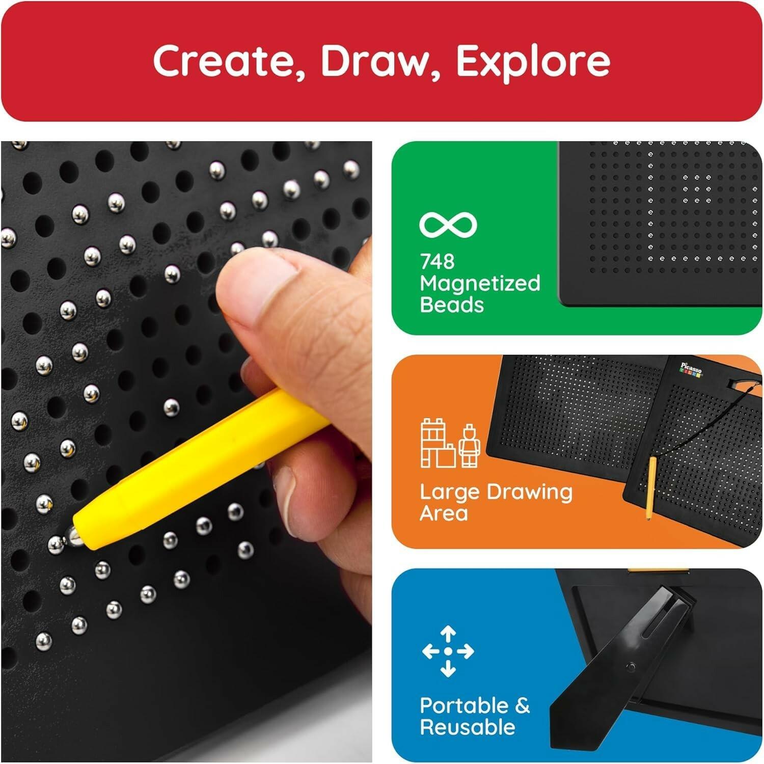 PicassoTiles Magnetic Drawing Board 748 Beads Pad Large 12x10 Inch STEM Writing