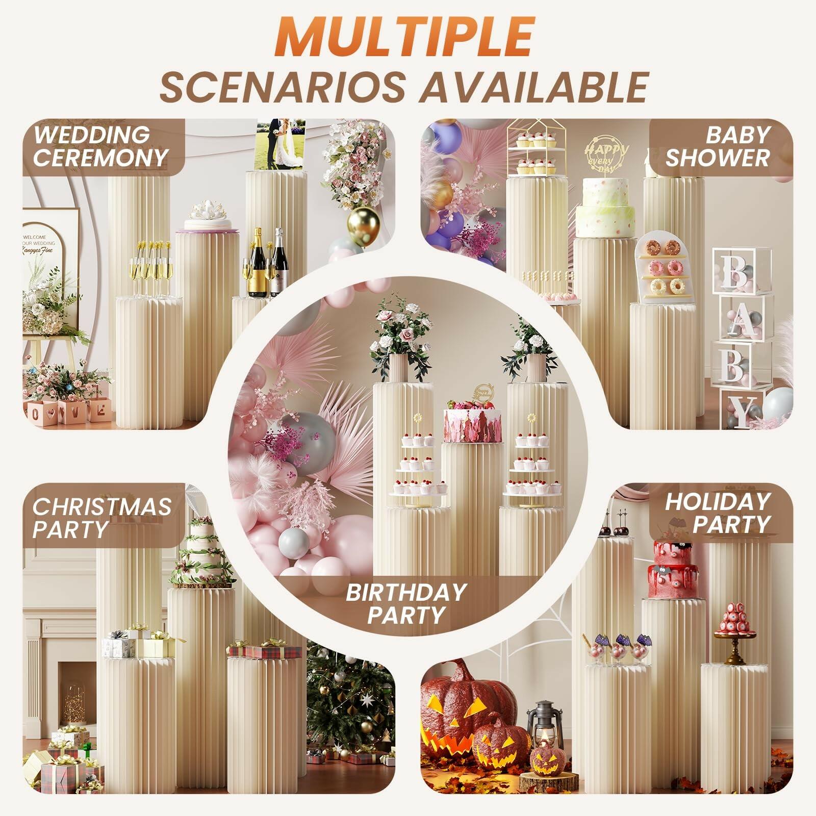 3 Pack Portable White Cylinder Stands for Party, 31.5", 23.6", 15.7" Height