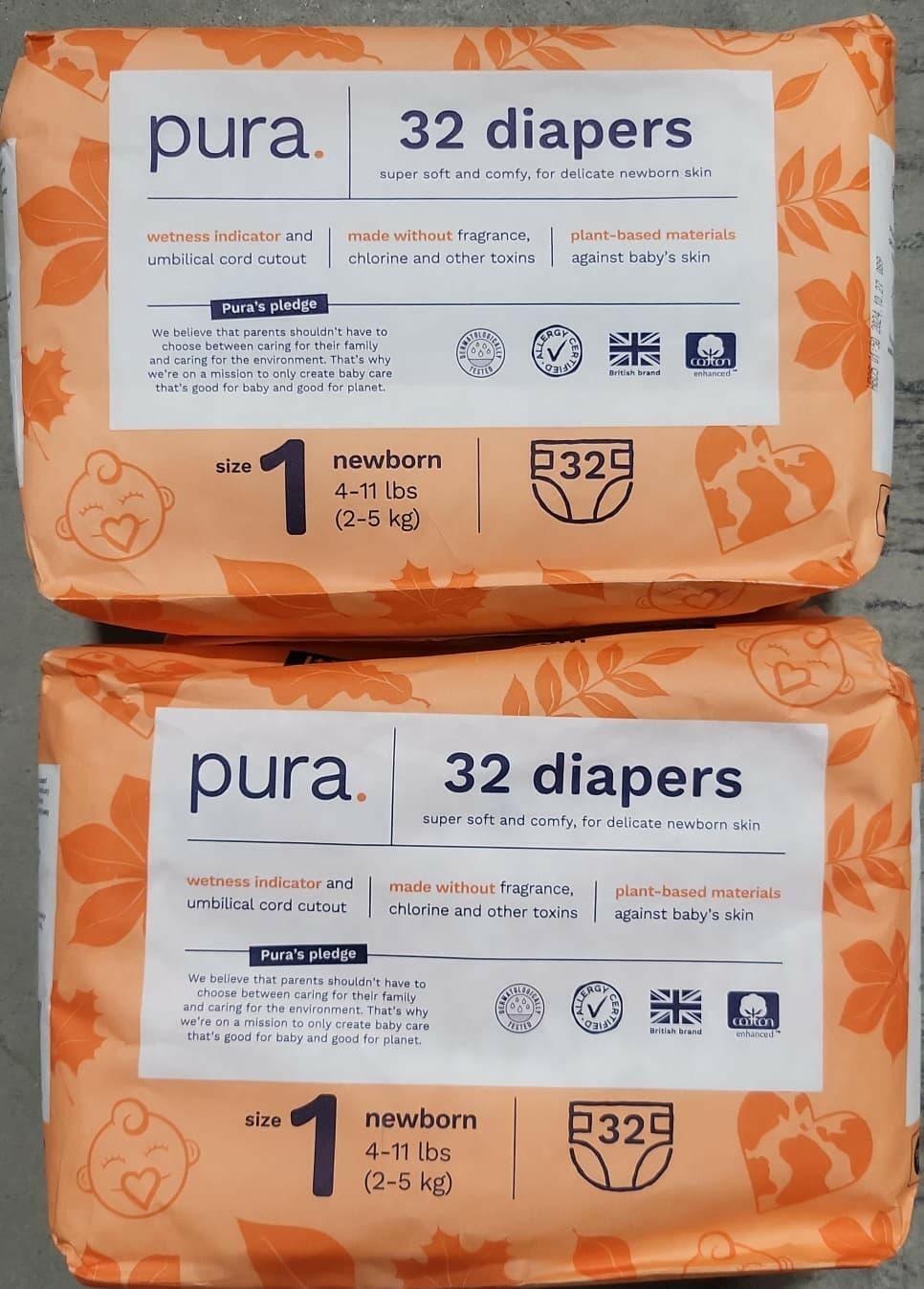 64 Count Pura Hypoallergenic Diapers, Size 1 (4-11 lbs), Newborn, Totally