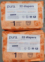 64 Count Pura Hypoallergenic Diapers, Size 1 (4-11 lbs), Newborn, Totally