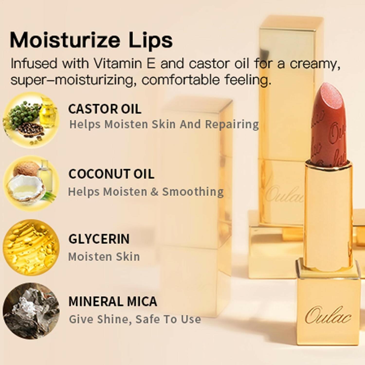 Oulac Matte Nude Peach Lipstick with Glow Metallic Finish - Vegan Lipstick for