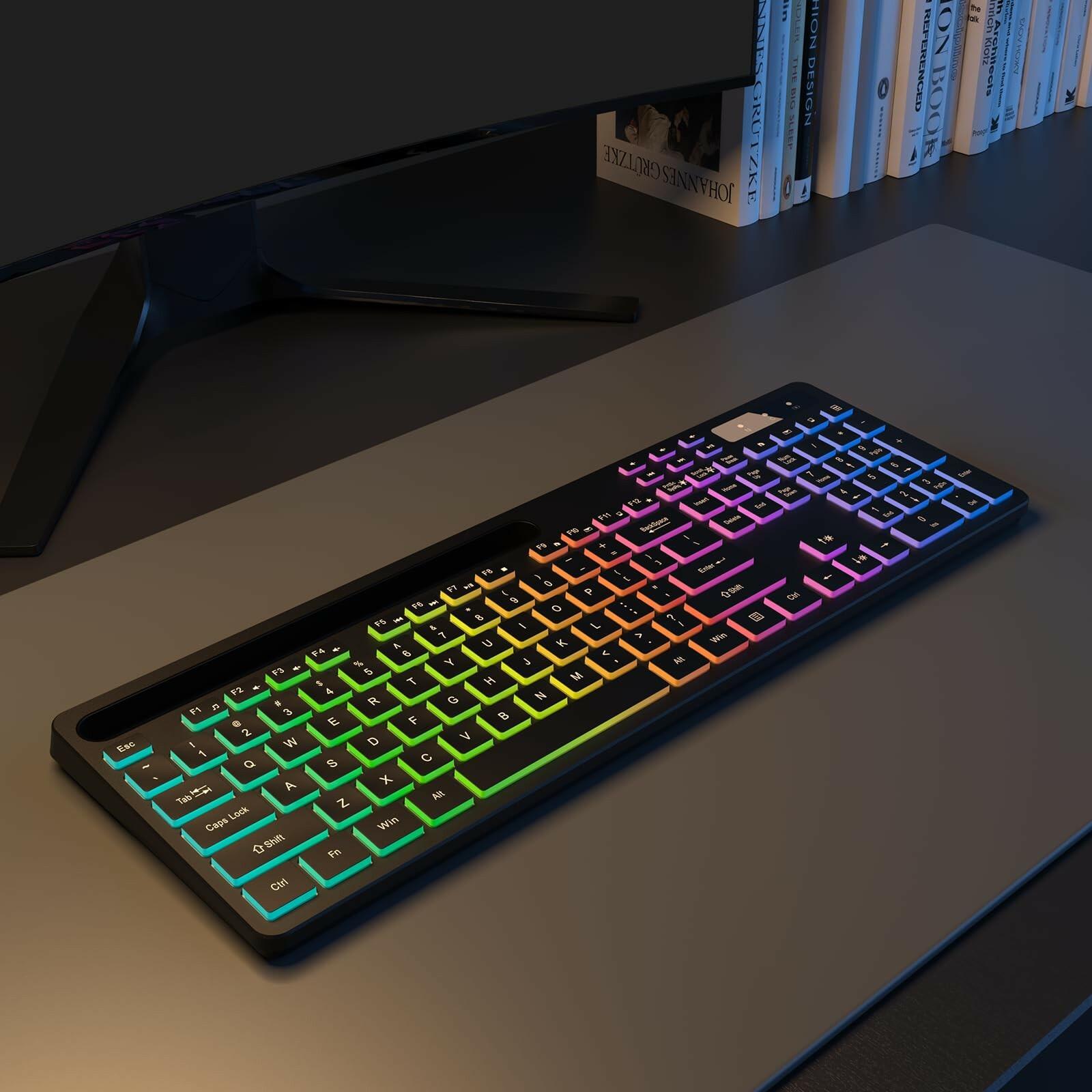 Soueto Wireless Keyboard with 7-Color RGB Backlit, Full-Size Computer Keyboard